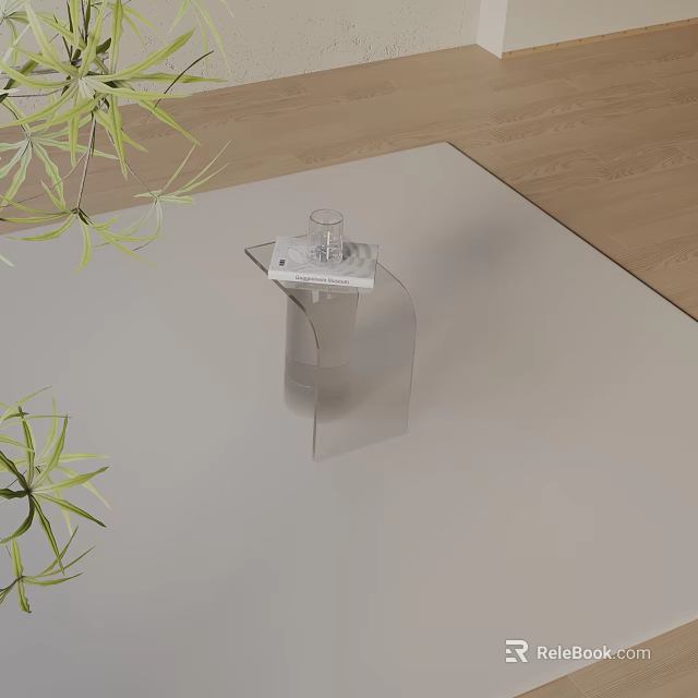 Transparent Acrylic Side Table Modern Minimalist Design With Green Plant On Carpet Wooden Floor 3d model 