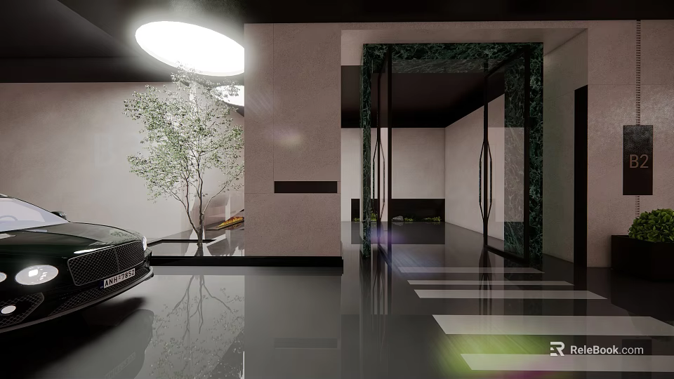Luxury Parking Garage with Black Car Marble Walls Ceiling Light Green Plant and Shiny Floor 3d model 