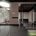 Luxury Parking Garage with Black Car Marble Walls Ceiling Light Green Plant and Shiny Floor