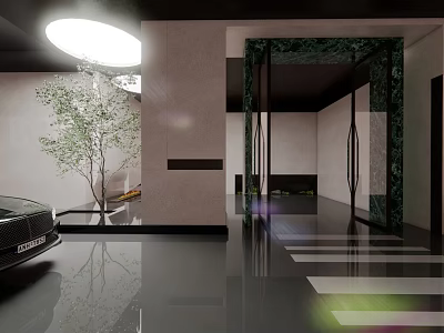 Luxury Parking Garage with Black Car Marble Walls Ceiling Light Green Plant and Shiny Floor 3d model