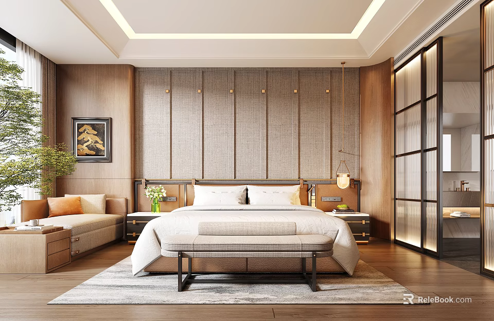 Hotel Guest Room Interior With Wooden Elements Woven Texture Wall And Pendant Lights 3d model 