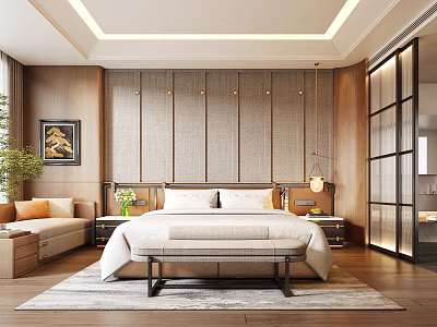 Hotel Guest Room Interior With Wooden Elements Woven Texture Wall And Pendant Lights 3d model