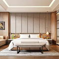 Hotel Guest Room Interior With Wooden Elements Woven Texture Wall And Pendant Lights