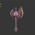 Demonic Fantasy Axe with Red Orange Flame Effects Glowing Core and Decorative Handle Texture