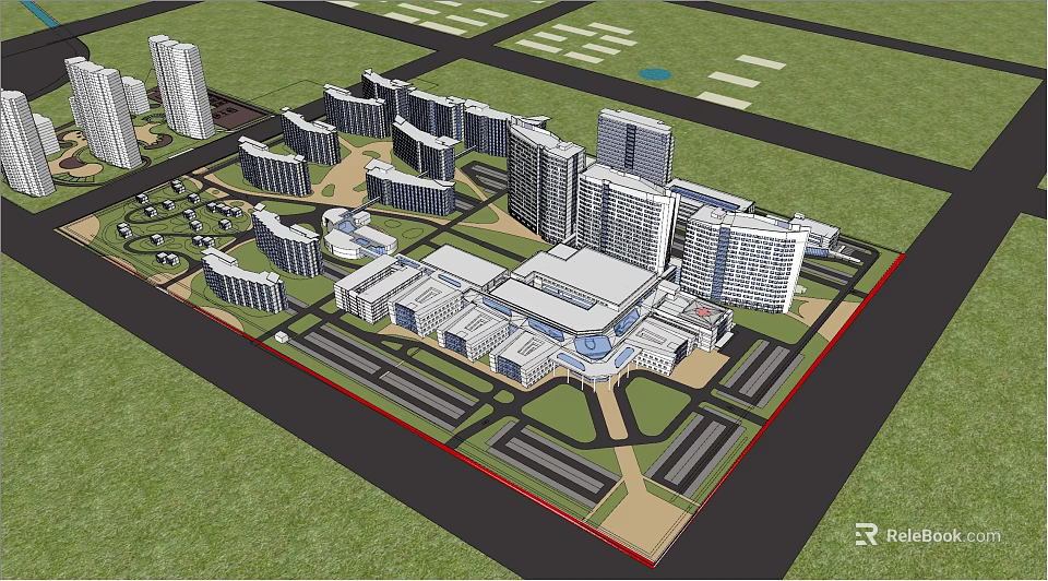 Modern Hospital Building Complex With High Rise Structures Green Landscaping And Road Networks 3d model 