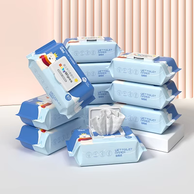Daily Necessities Wet Wipes In Blue Packaging Stacked With Open Pack 3d model