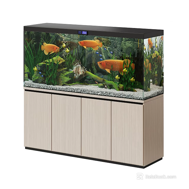 Fish Tank Aquarium Interior With Tropical Fish Green Plants And Wooden Cabinet Stand 3d model 