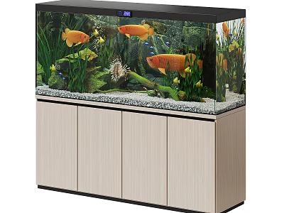 Fish Tank Aquarium Interior With Tropical Fish Green Plants And Wooden Cabinet Stand 3d model