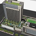 Modern High Rise Hotel Building With Glass Curtain Wall Green Roof And Low Rise Section