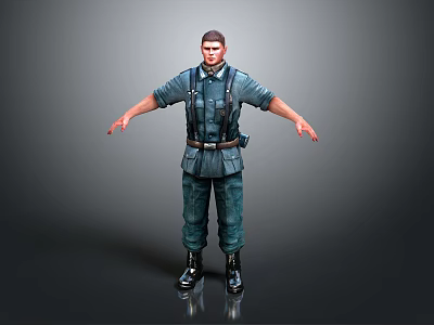 Male Character in Dark Blue Uniform Standing with Arms Outstretched on Grey Gradient Background 3d model