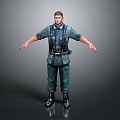 Male Character in Dark Blue Uniform Standing with Arms Outstretched on Grey Gradient Background
