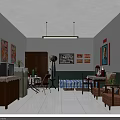 Vintage Room Interior With Old Fashioned TV Wooden Cabinet Posters Photos White Tile Floor