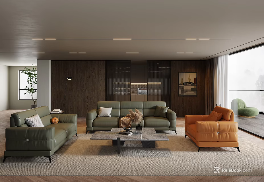 Modern Luxury Living Room With Premium Leather Sofa Sets And Warm Dark Wood Interior Design 3d model 