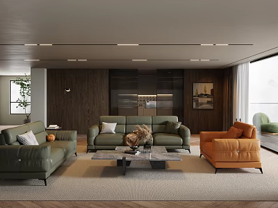 Modern Luxury Living Room With Premium Leather Sofa Sets And Warm Dark Wood Interior Design 3d model
