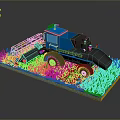 Realistic Blue Combine Harvester Model On Yellow Grass Field With Black Components