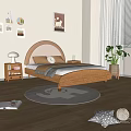 Kids Room Interior With Beige Walls Rounded Headboard Wooden Bed Frame And Decorative Paintings