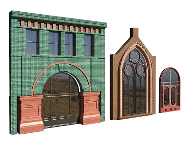 Green Brick Building Featuring Arched Doors And Brown Red Decorative Windows 3d model