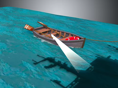 Small Boat On Blue Water With Red Lifebuoy Searchlight Beam And Sunken Ship Shadow Underwater 3d model