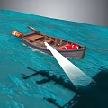Small Boat On Blue Water With Red Lifebuoy Searchlight Beam And Sunken Ship Shadow Underwater