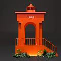 Bright Orange Outdoor Pavilion Featuring Logo Staircase Railing And Green Plants