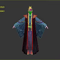 Ancient Game Movie Character in Blue Robe with Golden Crown Red Sash and Intricate Patterns