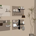 Stylish Wall Decor With Perforated Boards Wooden Shelves Plants Mugs And Books For Modern Interior
