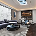 Modern Office Interior Design With Comfortable Sofa Coffee Table Desk Chair Large Windows And Skylight