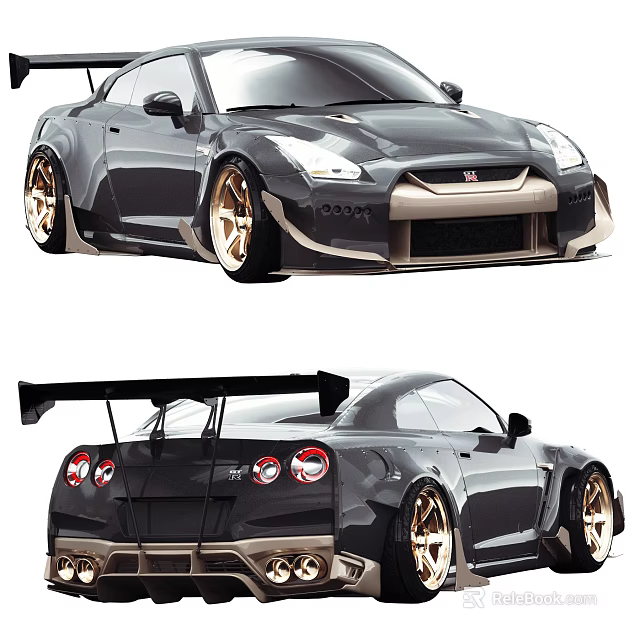 Black Modified Sports Car With Gold Wheels Wide Body Front Bumper And Large Rear Spoiler 3d model 