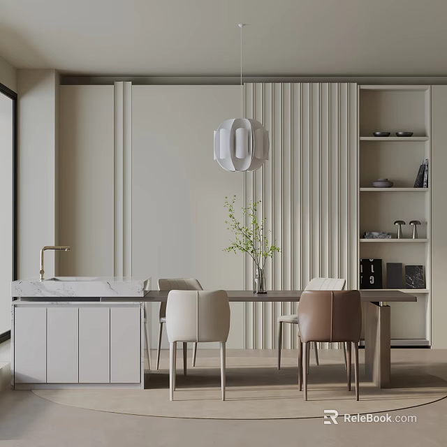 Modern Minimalist Dining Interior With Table Chairs Pendant Light Plant And Cabinets 3d model 