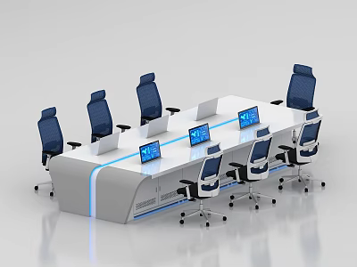 Modern Conference Table With Blue Office Chairs And Multiple Laptops On White Surface 3d model