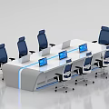 Modern Conference Table With Blue Office Chairs And Multiple Laptops On White Surface 3d model