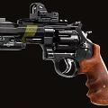 Tactical Revolver With Orange Textured Grip Black Body Red Dot Scope And Yellow Label