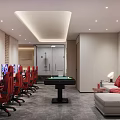 Modern Entertainment Room Interior With Red Gaming Chairs Multiple Computer Screens Pool Table And Sofa 3d model