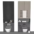 Modern Bathroom Toilet Design With Dark And Light Cabinets Towel Rack And Toiletries