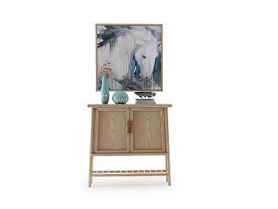 Natural Wooden Entryway Side Cabinet With Decorative Vase And Painting 3d model