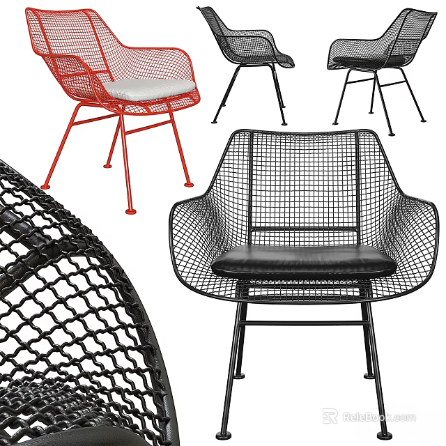 Modern Single Chair With Wire Mesh Design Red Black Metal Frame And Cushioned Seat 3d model 