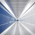 Modern Elevator Hallway With Blue And White Walls Sleek Floor And Ceiling Lighting
