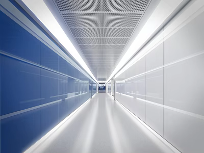 Modern Elevator Hallway With Blue And White Walls Sleek Floor And Ceiling Lighting 3d model