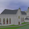 European Style Architectural Design With Twin Dome Towers Stained Glass Window And White Stone Exterior
