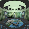 Modern Interior Space With Circular Structure Green Plant Backdrop And Central Water Feature 3d model