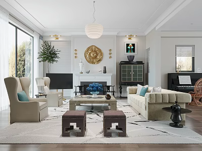 Luxurious Living Room Interior With Beige Sofa Armchairs Golden Decor Fireplace And Pendant Light 3d model