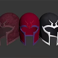 Three Metallic Helmets In Crimson Red And Black With Ornate Designs