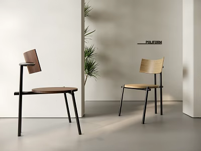 Modern Wooden Leisure Chairs With Black Metal Legs In Minimalist Room With Green Plant 3d model