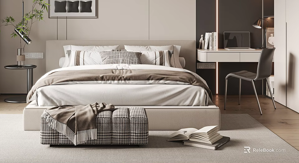 Stylish Bedroom With Large Bed Checkered Pillows Ottoman Blanket Desk Laptop Books And Chair 3d model 