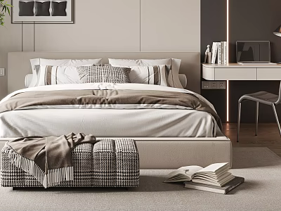 Stylish Bedroom With Large Bed Checkered Pillows Ottoman Blanket Desk Laptop Books And Chair 3d model