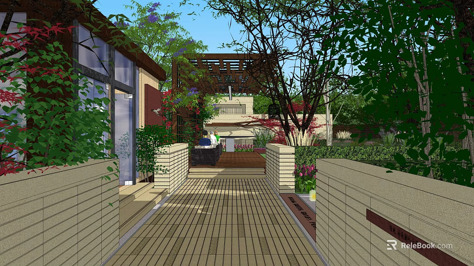 Tranquil Residential Garden Landscape With Wooden Walkway Green Plants And Shaded Pergola 3d model 