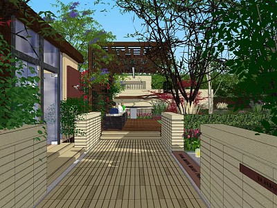 Tranquil Residential Garden Landscape With Wooden Walkway Green Plants And Shaded Pergola 3d model