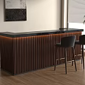Contemporary Bar Counter Interior With Black Top Brown Vertical Stripes Orange LED Lighting And Black Stools