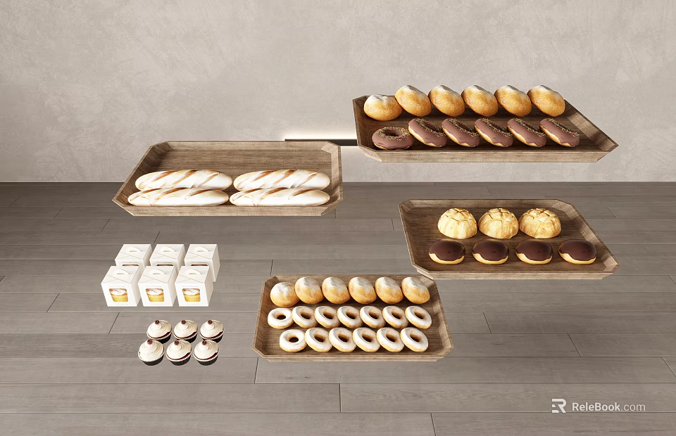 Assorted Baked Goods Including Baguettes Glazed Donuts And Pastries On Wooden Trays 3d model 