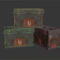 Rustic Gray Storage Boxes With Red Panels And Metal Latches 3d model